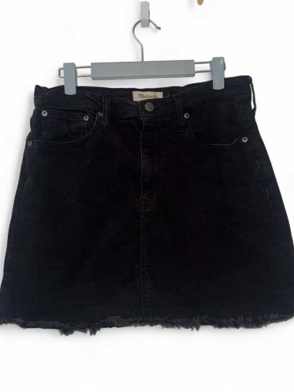 Madewell Black Denim Mini Skirt Frayed Hem Size 29 High Rise